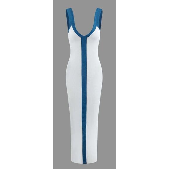 Micas Colorblock V-neck Ribbed Split Maxi Dress in Blue and White size Medium - Picture 2 of 5